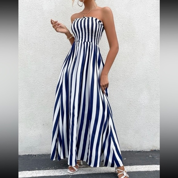 Casual Striped Shirred Frilled Tube Topless Maxi Dress - Picture 1 of 6